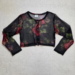 NWOT Her Style L Sheer Mesh Long Sleeve Button Front Scoop Cropped Top Blouse